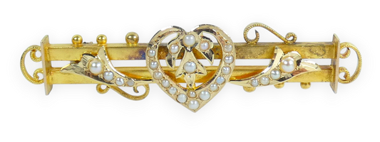 Antique Edwardian 1900 Aronson Solid 15ct Yellow Gold Seed Pearl Bar Brooch
