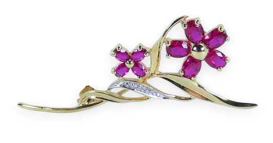 Solid 9ct Yellow Gold 0.8ct Ruby & Diamond Twin Flower Leaf Bar Brooch Pin White