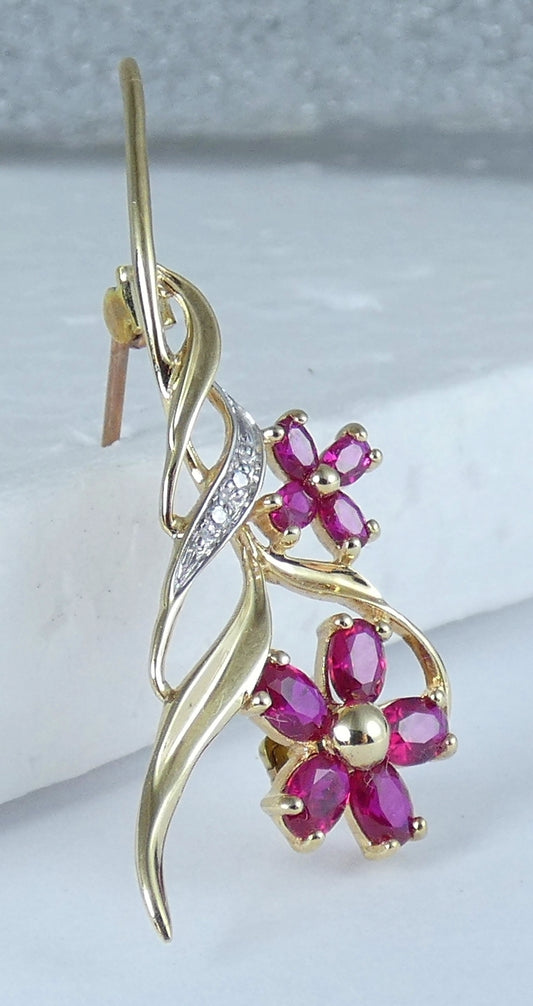 Solid 9ct Yellow Gold 0.8ct Ruby & Diamond Twin Flower Leaf Bar Brooch Pin White