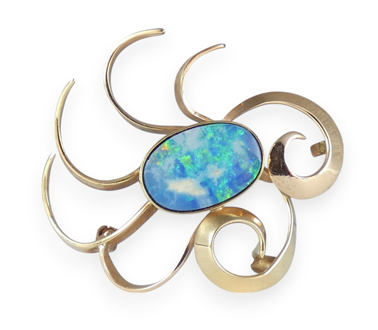 Vintage Retro Solid 9ct Yellow Gold & Opal Starburst Flower Bar Brooch Pin 375