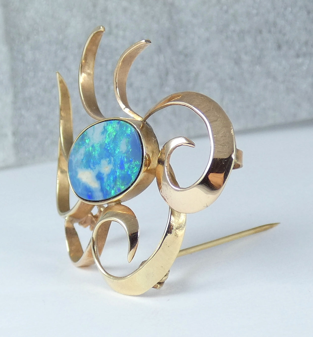 Vintage Retro Solid 9ct Yellow Gold & Opal Starburst Flower Bar Brooch Pin 375