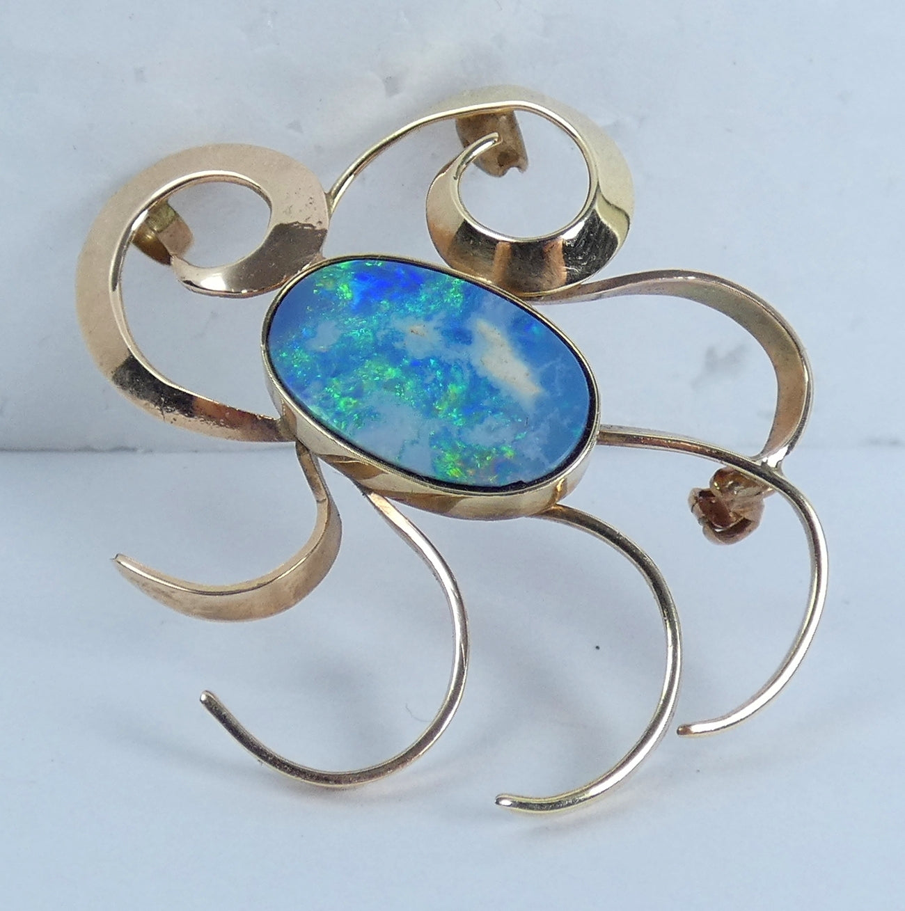 Vintage Retro Solid 9ct Yellow Gold & Opal Starburst Flower Bar Brooch Pin 375