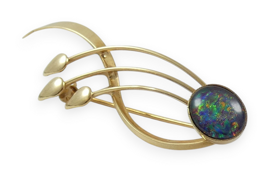 Vintage Retro Solid 9ct Yellow Gold & Opal Spray Bar Brooch Pin 375 Mid Century