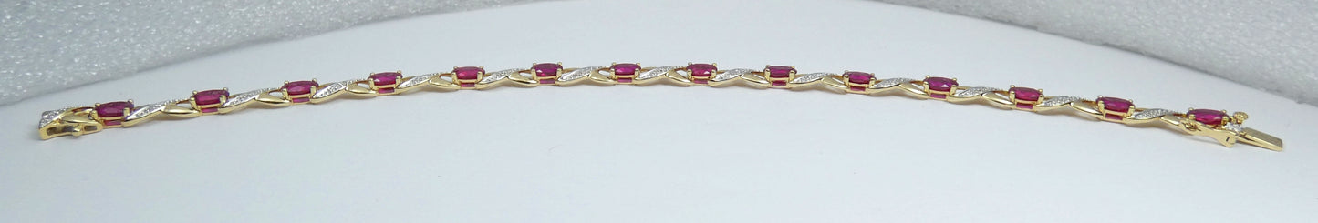 Solid 9ct Yellow Gold Ruby & Diamond 19.5cm Panel Link 7.5" Chain Bracelet Oval