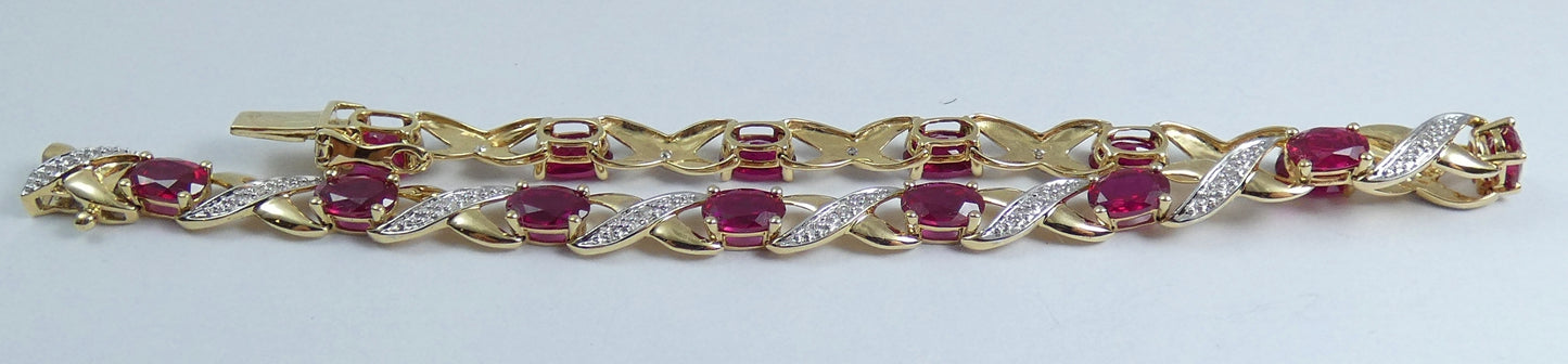 Solid 9ct Yellow Gold Ruby & Diamond 19.5cm Panel Link 7.5" Chain Bracelet Oval