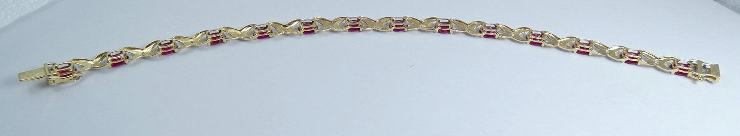 Solid 9ct Yellow Gold Ruby & Diamond 19.5cm Panel Link 7.5" Chain Bracelet Oval