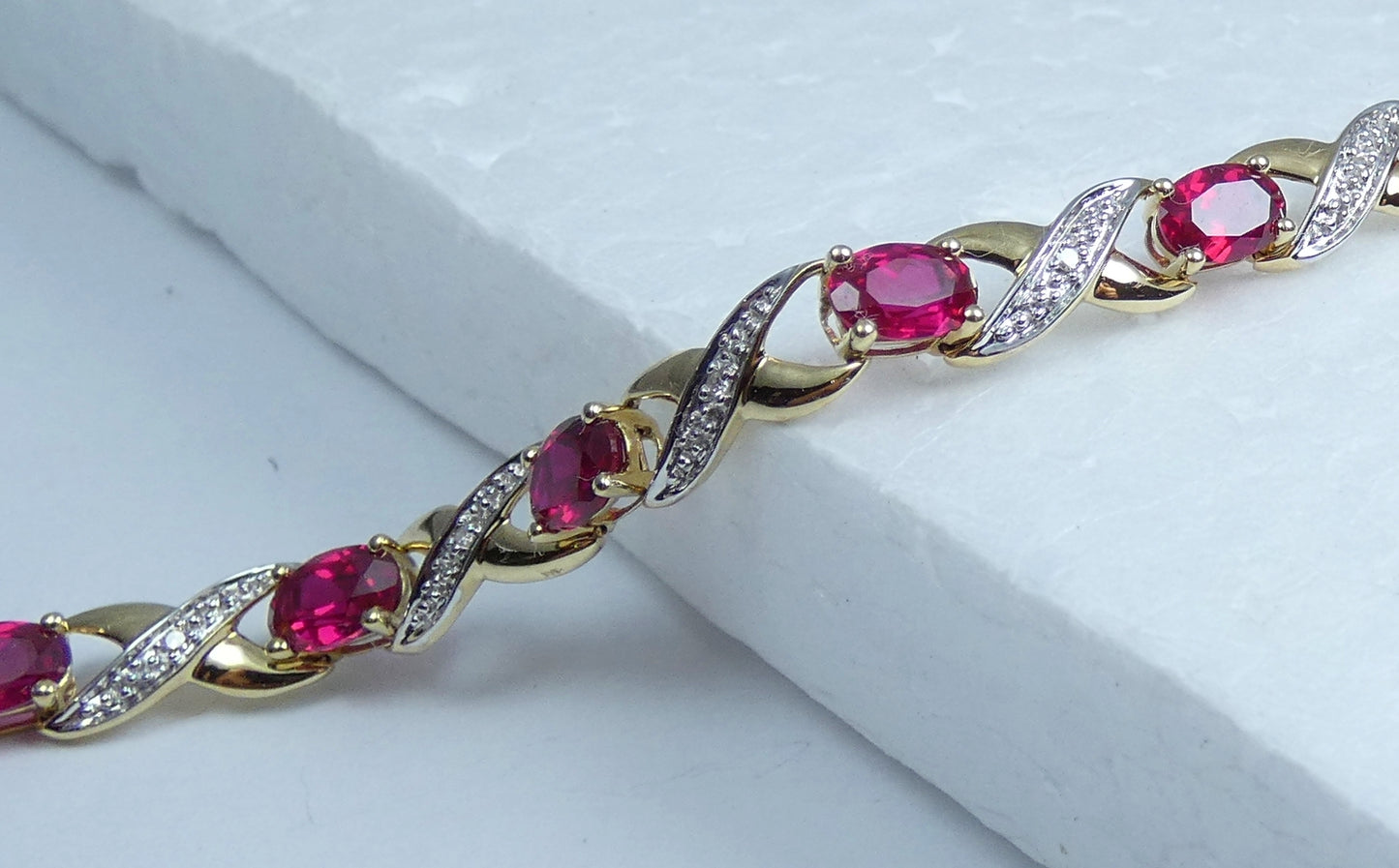 Solid 9ct Yellow Gold Ruby & Diamond 19.5cm Panel Link 7.5" Chain Bracelet Oval