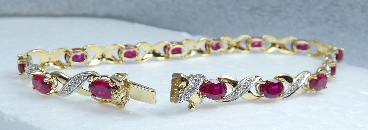 Solid 9ct Yellow Gold Ruby & Diamond 19.5cm Panel Link 7.5" Chain Bracelet Oval