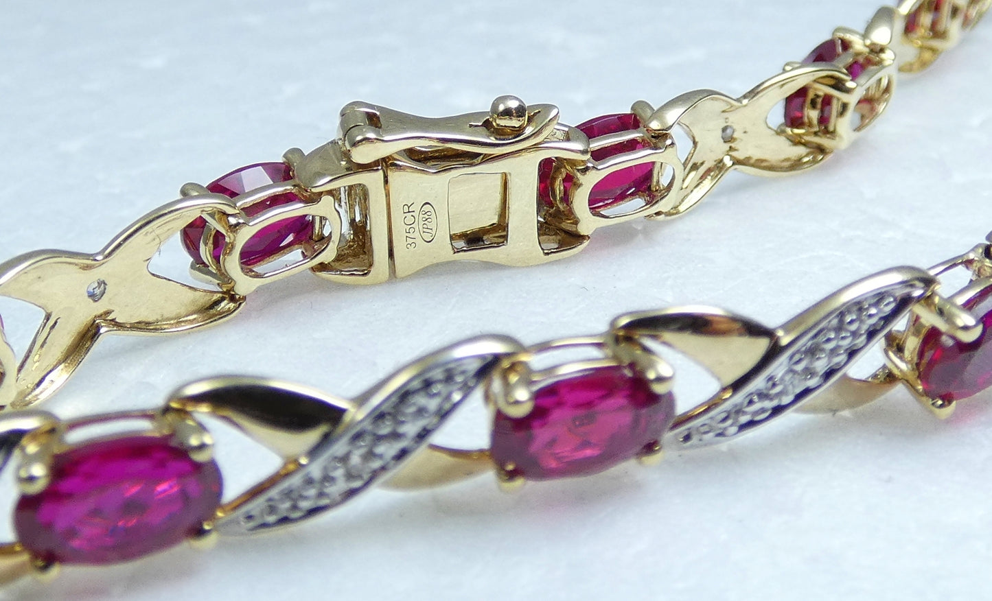Solid 9ct Yellow Gold Ruby & Diamond 19.5cm Panel Link 7.5" Chain Bracelet Oval