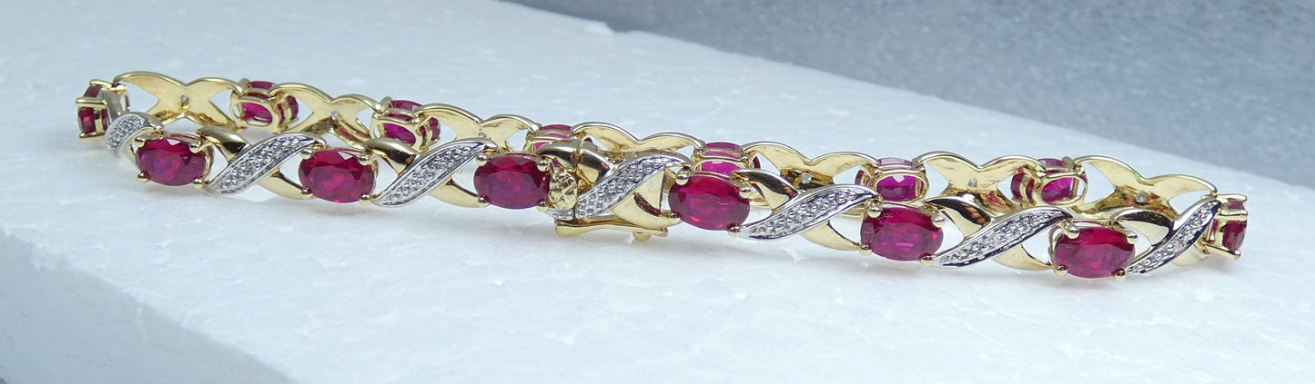 Solid 9ct Yellow Gold Ruby & Diamond 19.5cm Panel Link 7.5" Chain Bracelet Oval