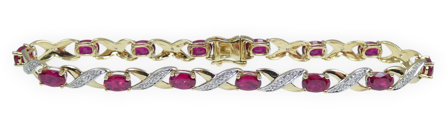 Solid 9ct Yellow Gold Ruby & Diamond 19.5cm Panel Link 7.5" Chain Bracelet Oval