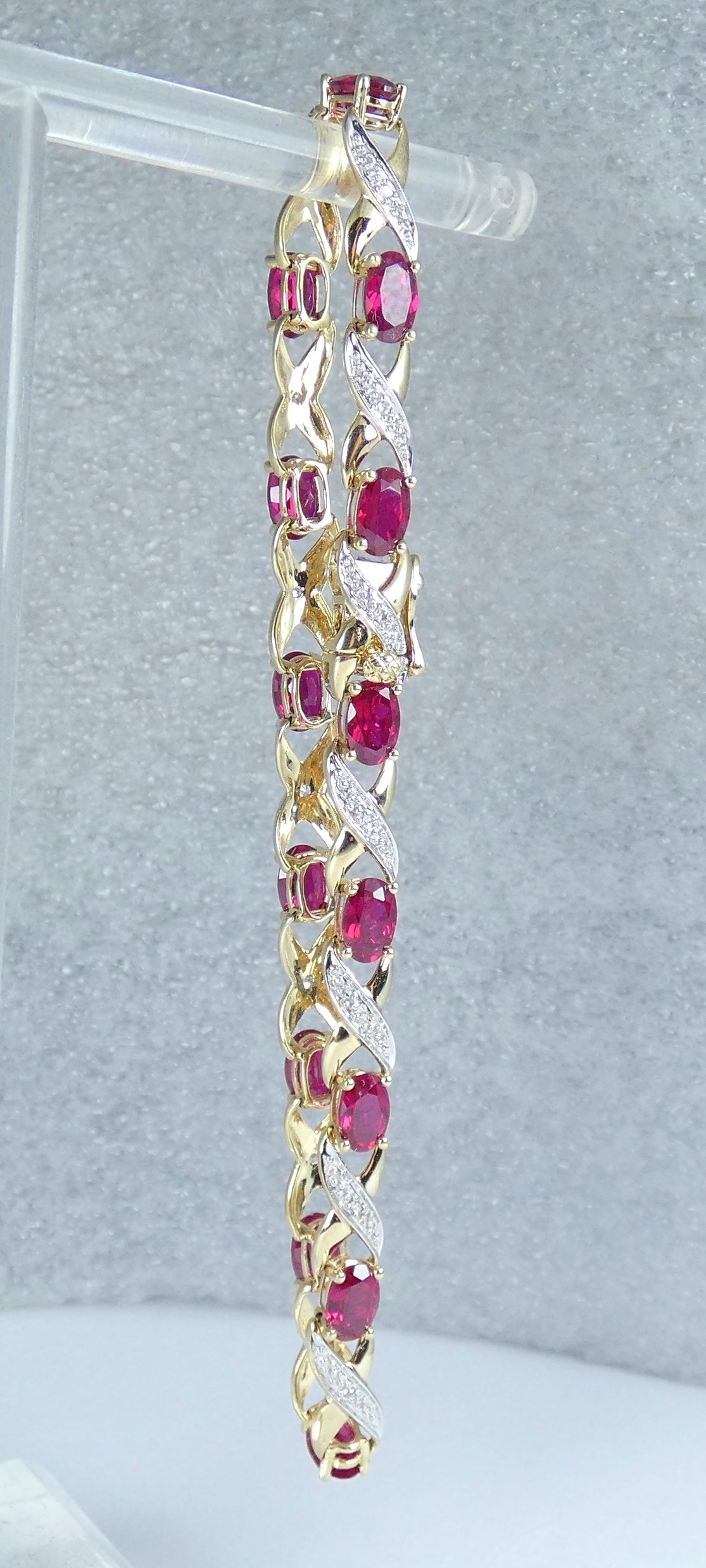 Solid 9ct Yellow Gold Ruby & Diamond 19.5cm Panel Link 7.5" Chain Bracelet Oval