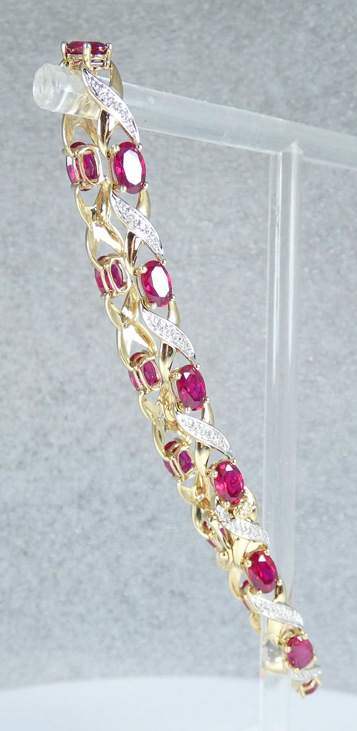 Solid 9ct Yellow Gold Ruby & Diamond 19.5cm Panel Link 7.5" Chain Bracelet Oval