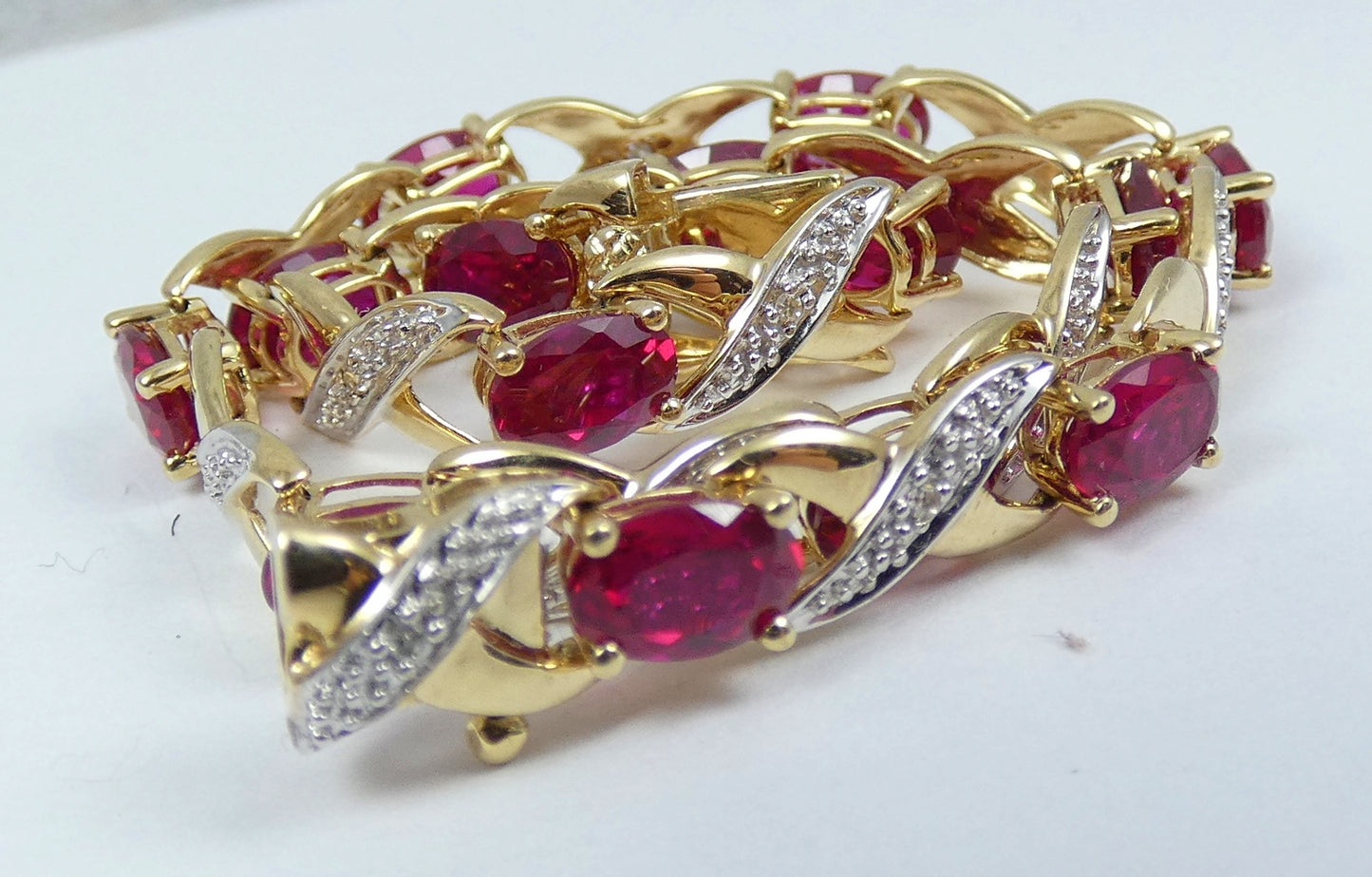 Solid 9ct Yellow Gold Ruby & Diamond 19.5cm Panel Link 7.5" Chain Bracelet Oval