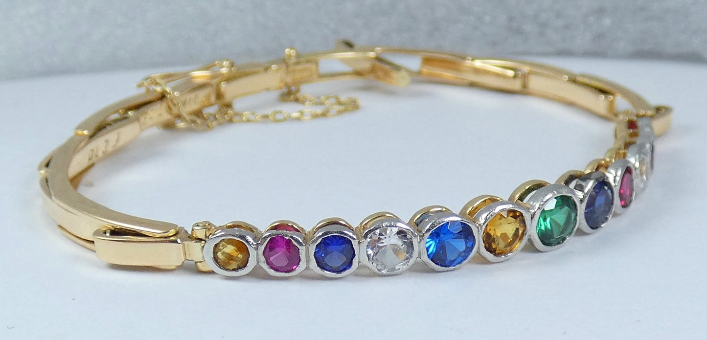 Antique Vintage 15ct Yellow Gold Rainbow Harlequin Gemstone Bracelet Bangle Link