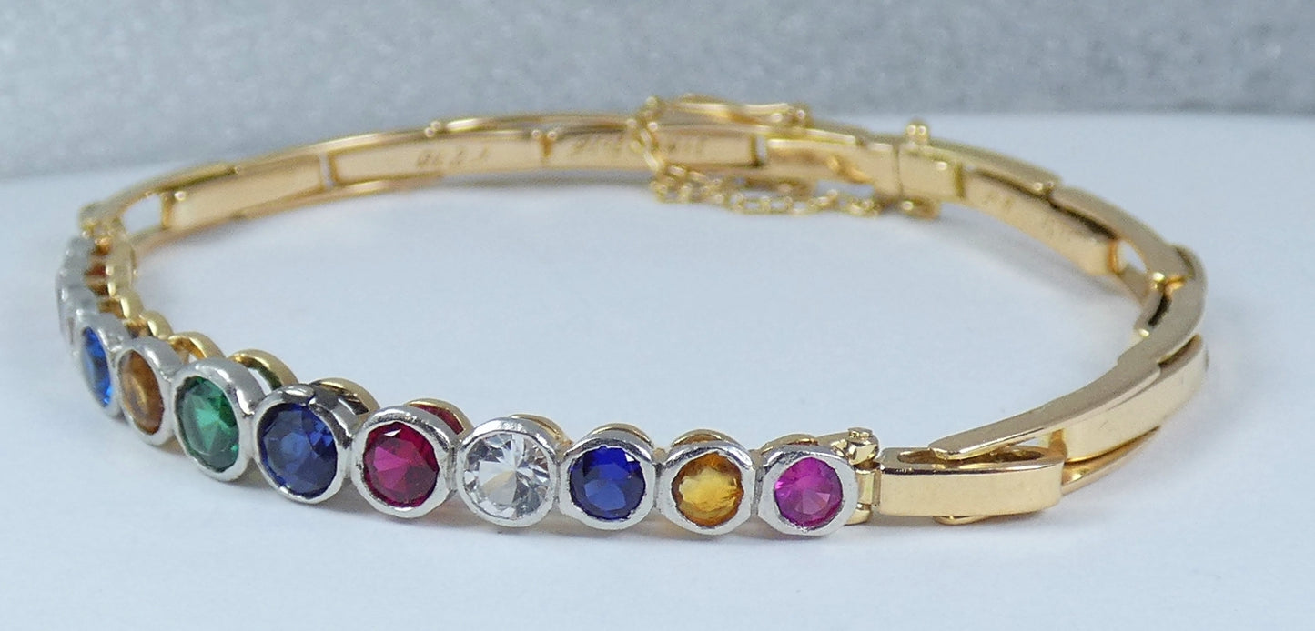 Antique Vintage 15ct Yellow Gold Rainbow Harlequin Gemstone Bracelet Bangle Link