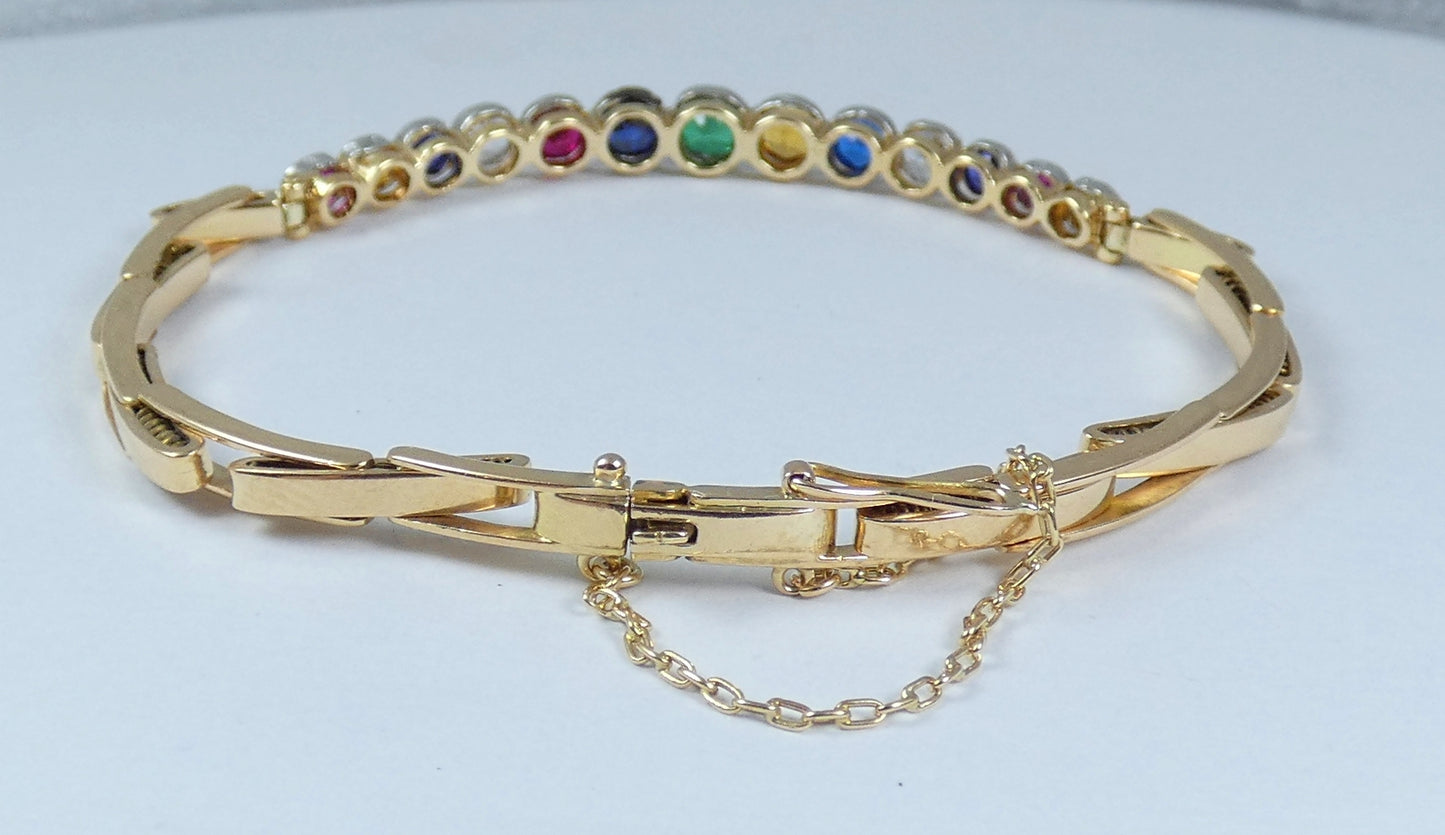 Antique Vintage 15ct Yellow Gold Rainbow Harlequin Gemstone Bracelet Bangle Link