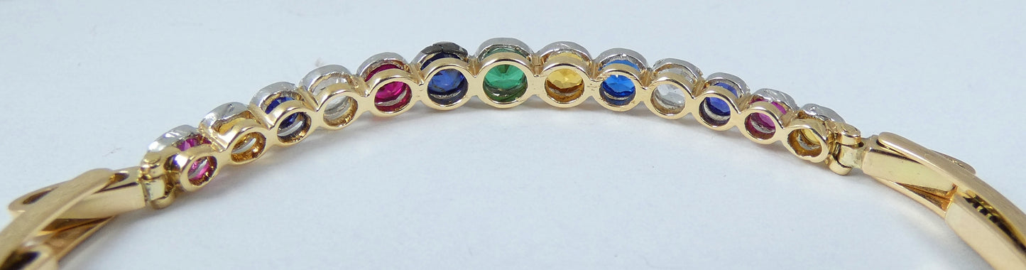 Antique Vintage 15ct Yellow Gold Rainbow Harlequin Gemstone Bracelet Bangle Link