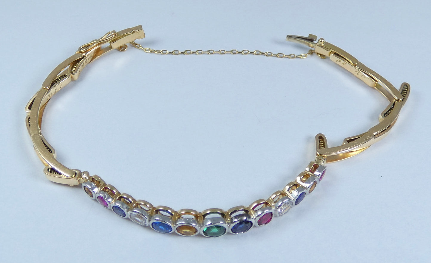 Antique Vintage 15ct Yellow Gold Rainbow Harlequin Gemstone Bracelet Bangle Link