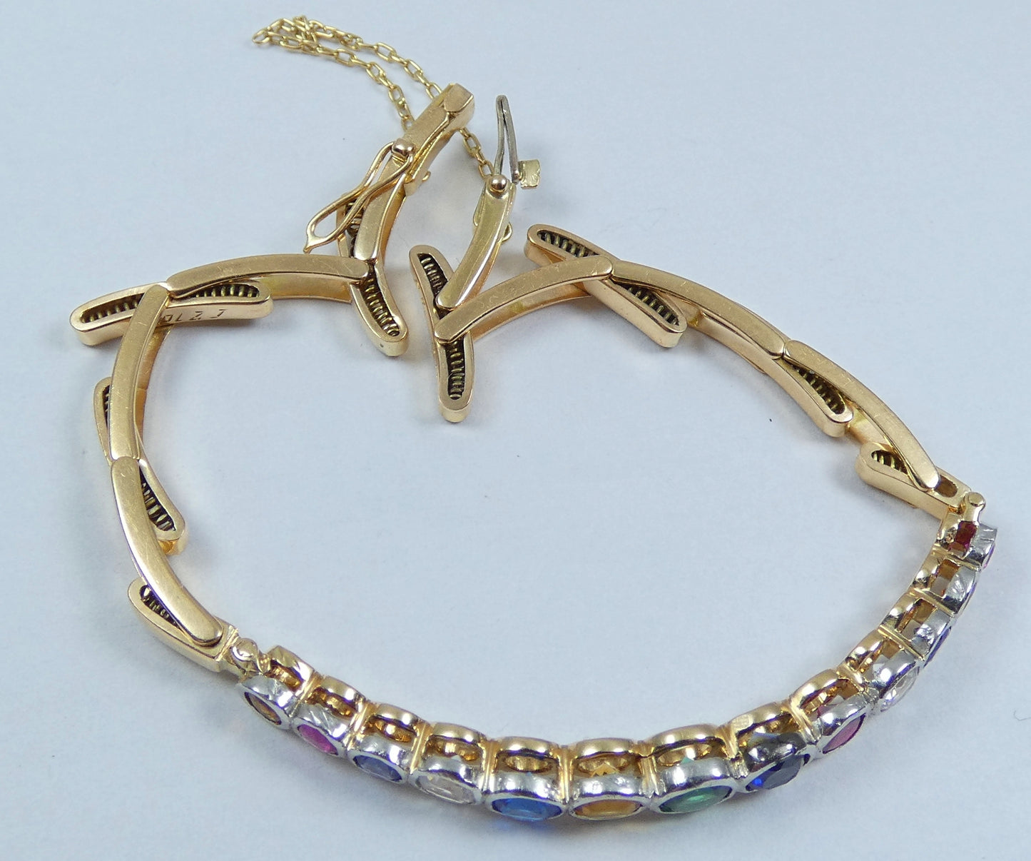 Antique Vintage 15ct Yellow Gold Rainbow Harlequin Gemstone Bracelet Bangle Link