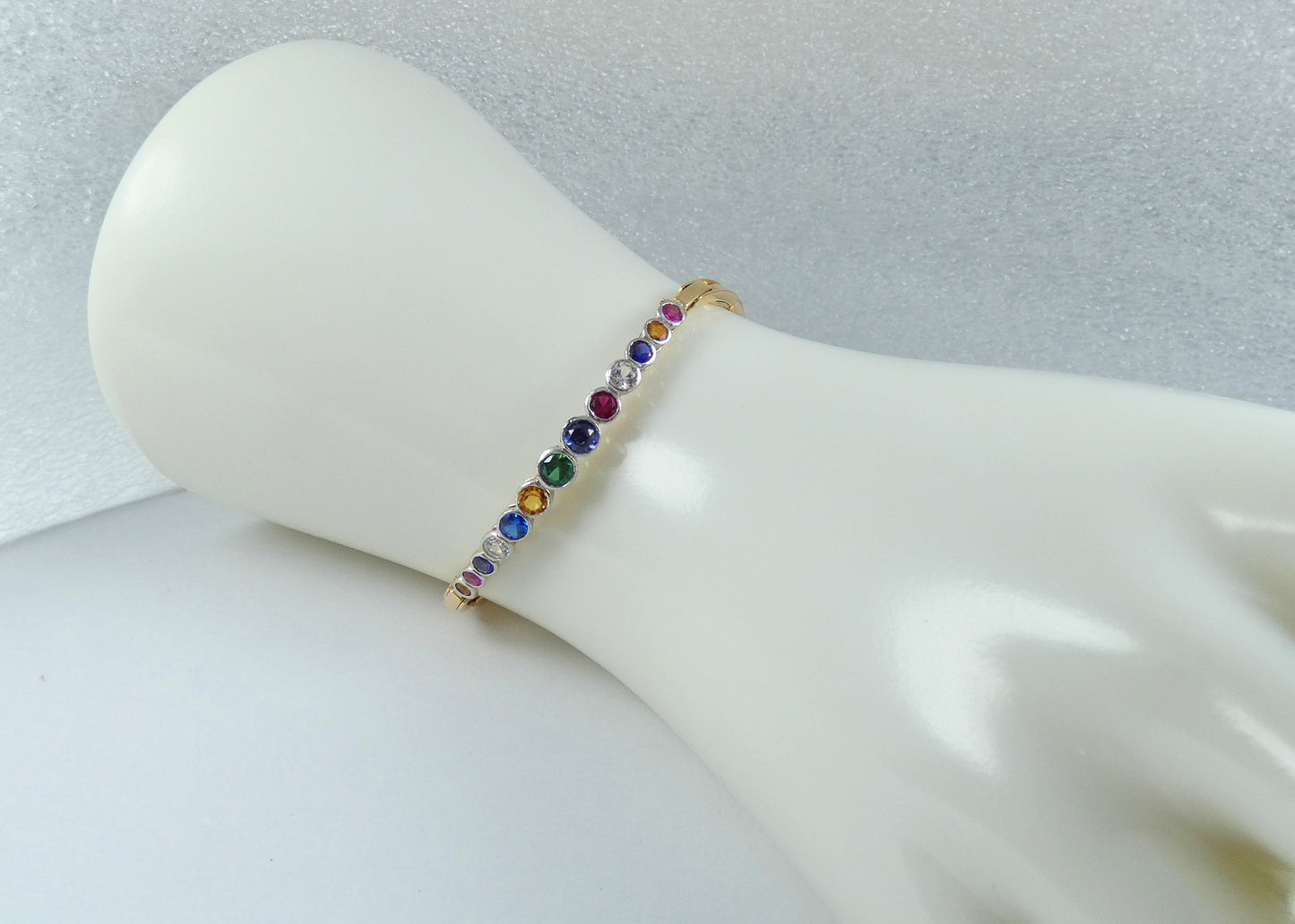 Antique Vintage 15ct Yellow Gold Rainbow Harlequin Gemstone Bracelet Bangle Link