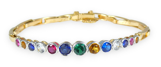 Antique Vintage 15ct Yellow Gold Rainbow Harlequin Gemstone Bracelet Bangle Link