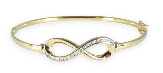 Solid 9ct Yellow Gold & Diamond Infinity Crossover Hinged Bangle Xover Bracelet