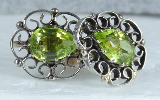 Antique Vintage Solid 9ct White Gold & Peridot French Screw Back Earrings Set