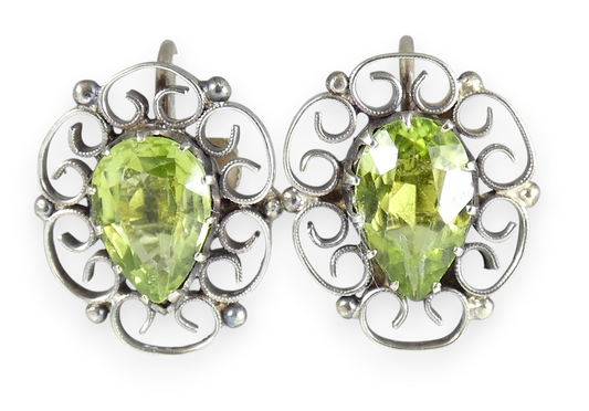 Antique Vintage Solid 9ct White Gold & Peridot French Screw Back Earrings Set