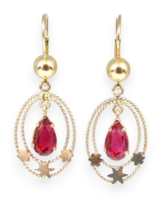 Vintage Italian Solid 18ct Yellow Gold & Red Stone Ruby Dangle Rope Earrings Set