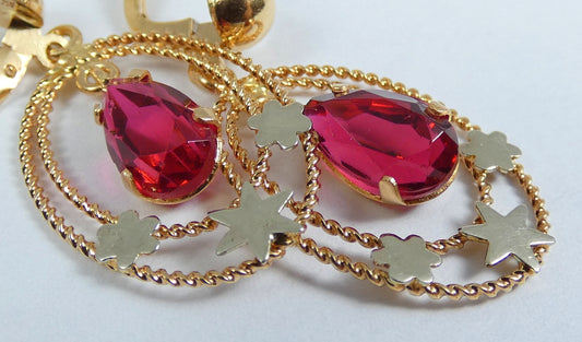 Vintage Italian Solid 18ct Yellow Gold & Red Stone Ruby Dangle Rope Earrings Set
