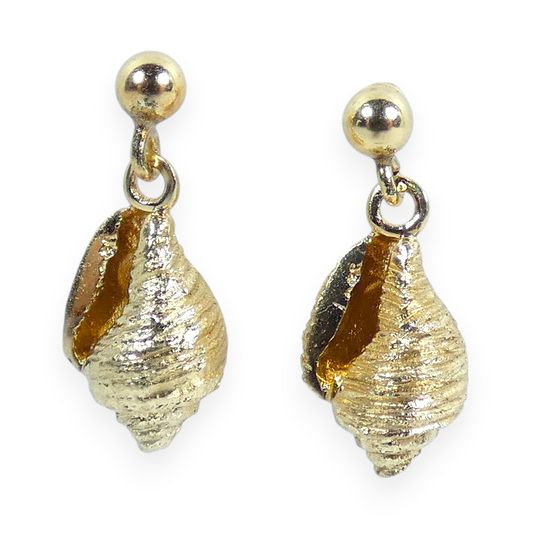 Vintage Solid 14ct Yellow Gold Cast Seashell Conch Shell Stud Earrings Set Pair