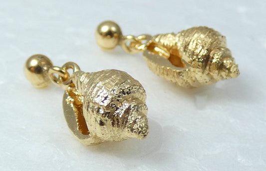 Vintage Solid 14ct Yellow Gold Cast Seashell Conch Shell Stud Earrings Set Pair