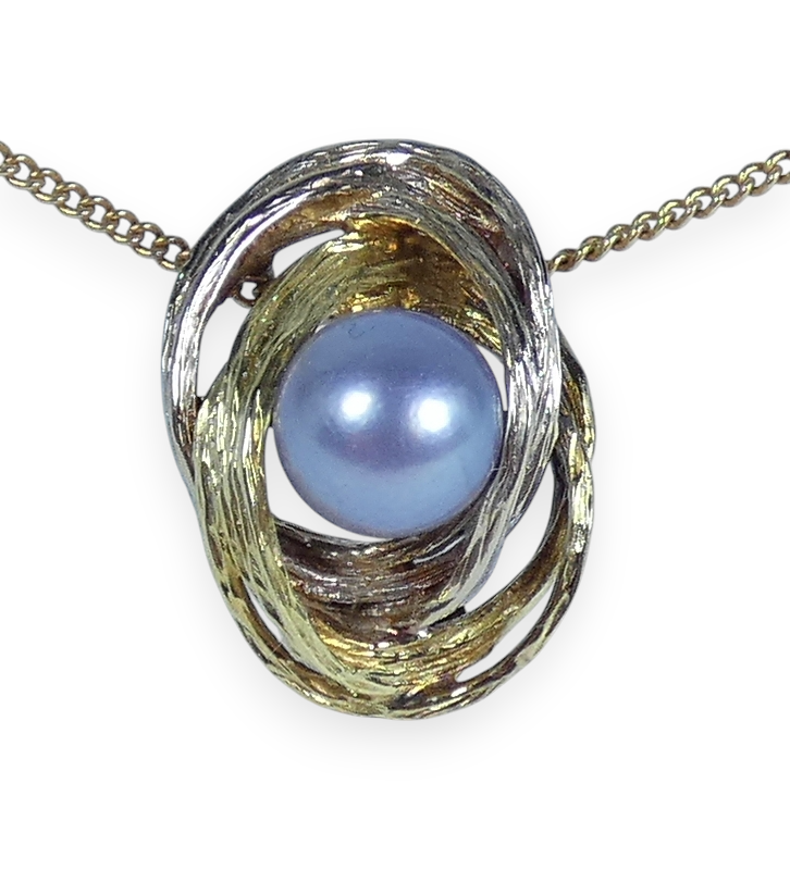 Solid 14ct Yellow White Gold 7mm Grey Purple Pearl Textured Necklace Pendant 585