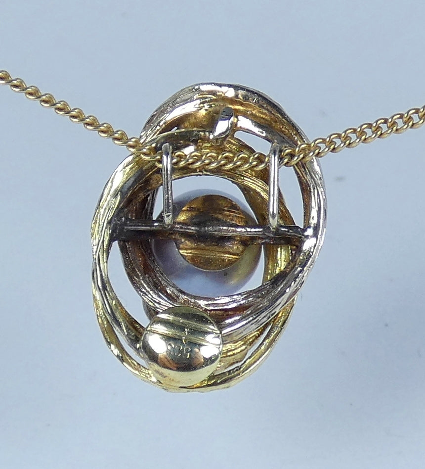 Solid 14ct Yellow White Gold 7mm Grey Purple Pearl Textured Necklace Pendant 585