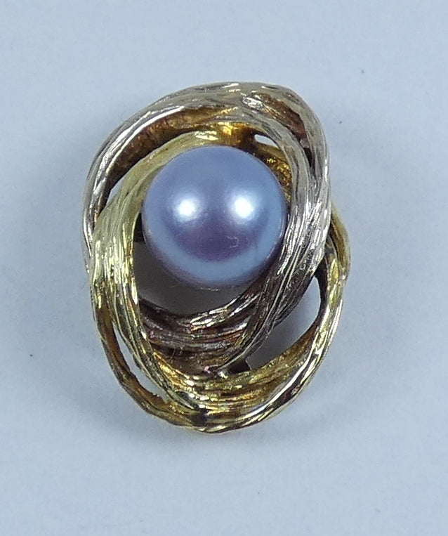 Solid 14ct Yellow White Gold 7mm Grey Purple Pearl Textured Necklace Pendant 585