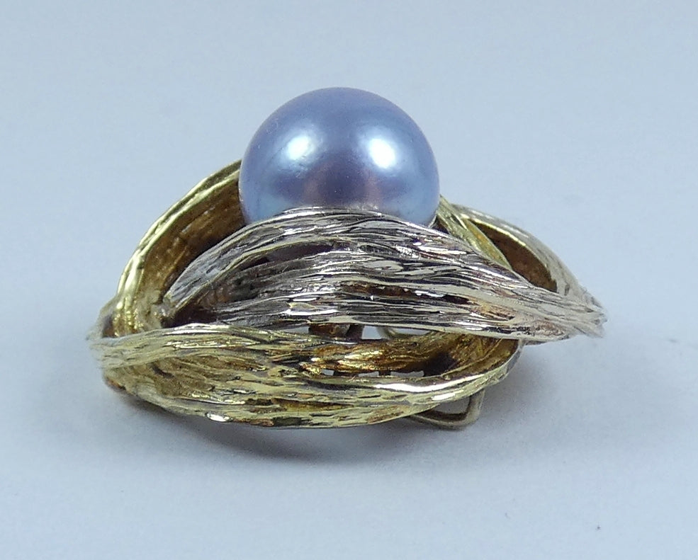 Solid 14ct Yellow White Gold 7mm Grey Purple Pearl Textured Necklace Pendant 585