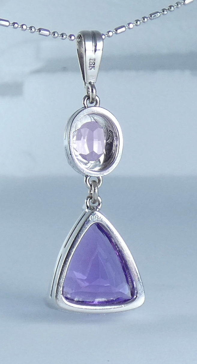 Large Solid 18ct White Gold Amethyst Pink Sapphire & Diamond Necklace Pendant