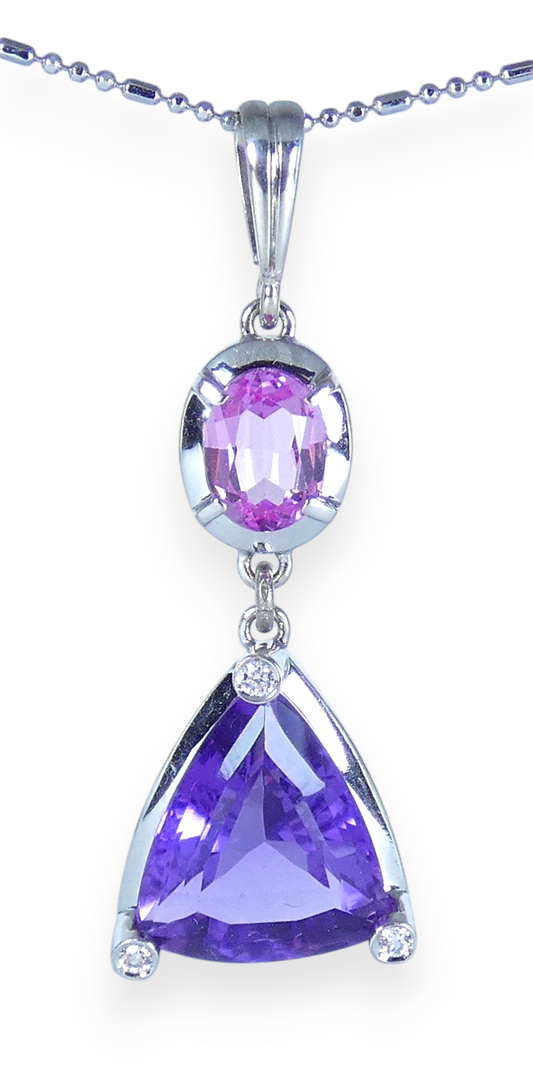 Large Solid 18ct White Gold Amethyst Pink Sapphire & Diamond Necklace Pendant