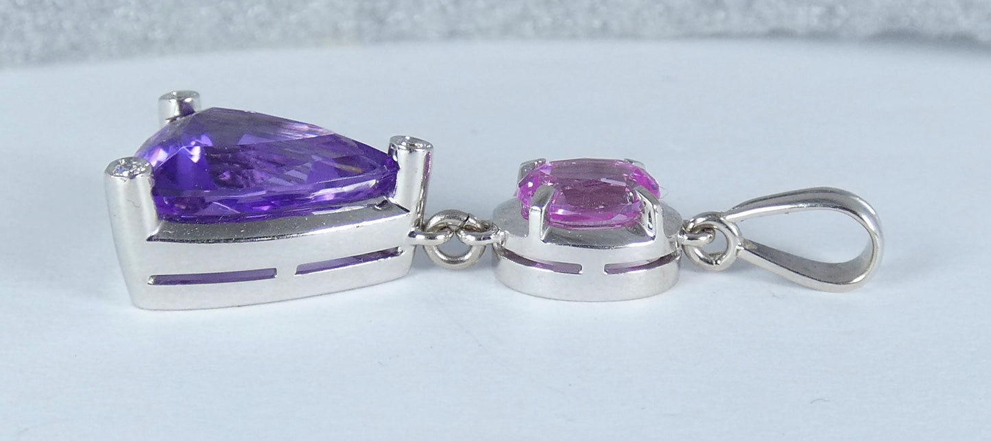 Large Solid 18ct White Gold Amethyst Pink Sapphire & Diamond Necklace Pendant