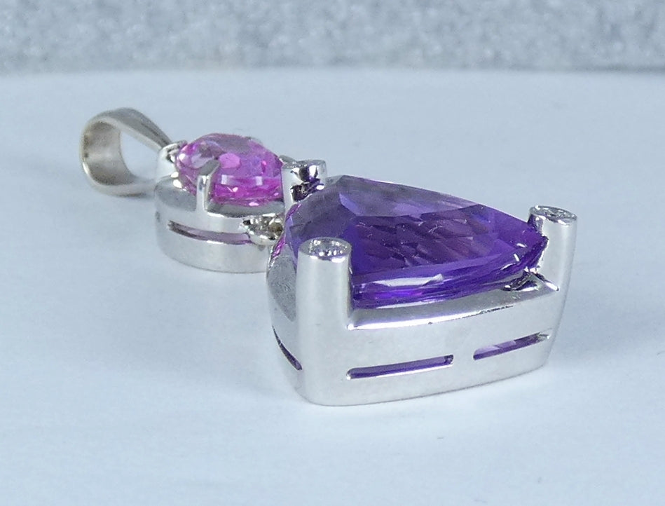 Large Solid 18ct White Gold Amethyst Pink Sapphire & Diamond Necklace Pendant