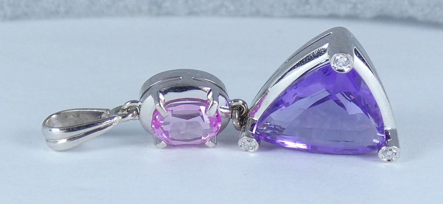 Large Solid 18ct White Gold Amethyst Pink Sapphire & Diamond Necklace Pendant