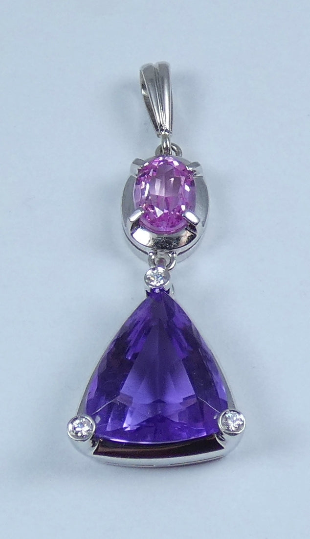 Large Solid 18ct White Gold Amethyst Pink Sapphire & Diamond Necklace Pendant
