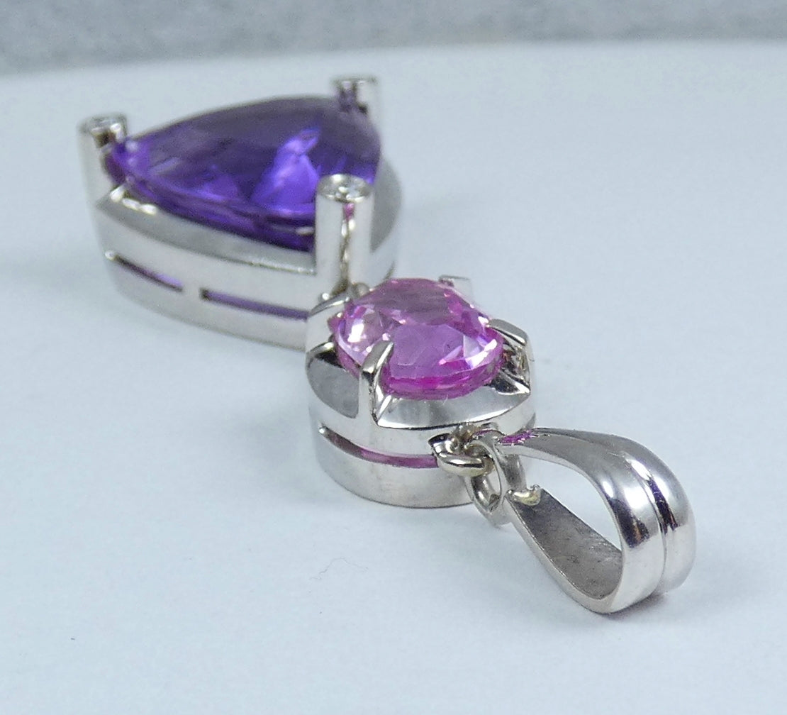 Large Solid 18ct White Gold Amethyst Pink Sapphire & Diamond Necklace Pendant