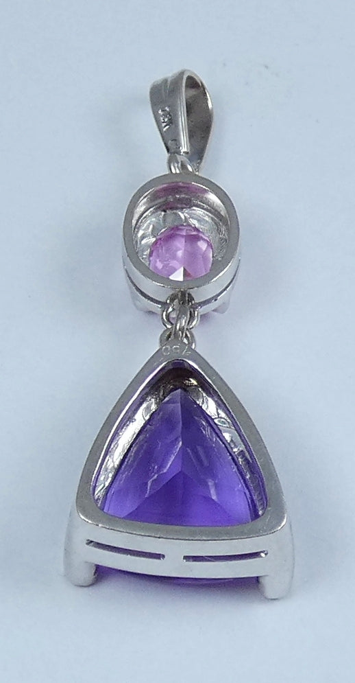 Large Solid 18ct White Gold Amethyst Pink Sapphire & Diamond Necklace Pendant
