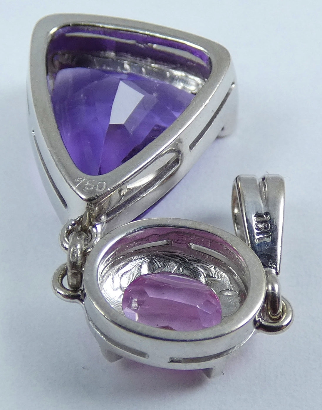 Large Solid 18ct White Gold Amethyst Pink Sapphire & Diamond Necklace Pendant