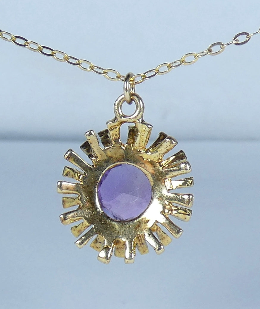 English 9ct Yellow Gold Amethyst Flower Pendant Necklace 48cm 19" Cable Chain