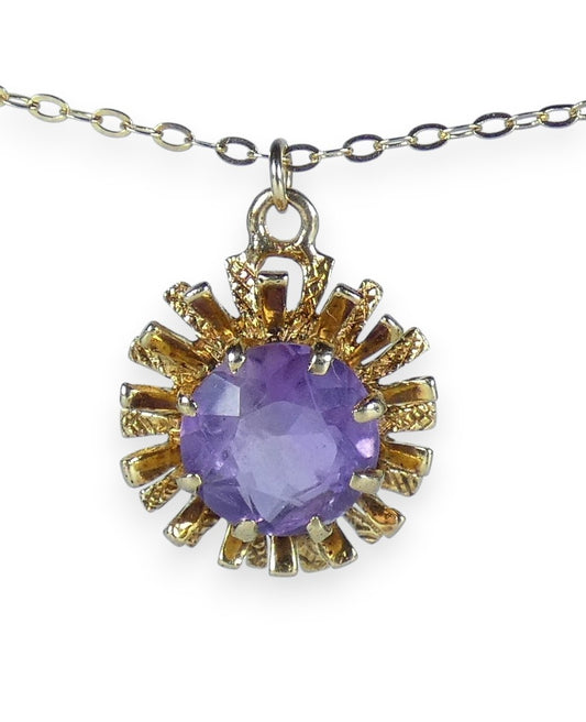 English 9ct Yellow Gold Amethyst Flower Pendant Necklace 48cm 19" Cable Chain