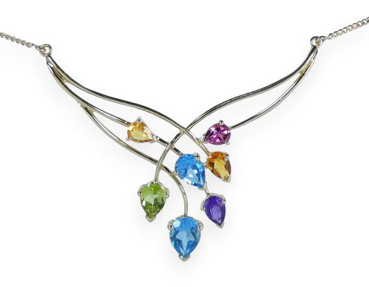 Solid 9ct Yellow Gold Rainbow Gemstone Pendant Necklace 46cm 18" Curb Link Chain