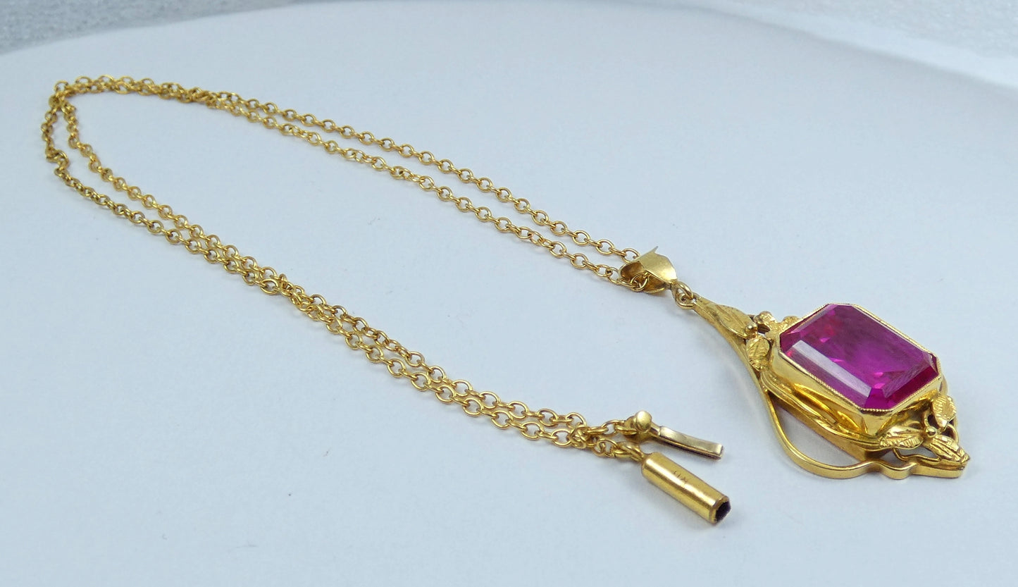 Antique Edwardian Solid 9ct Yellow Gold Ruby Pendant 41cm 16" Cable Necklace Red